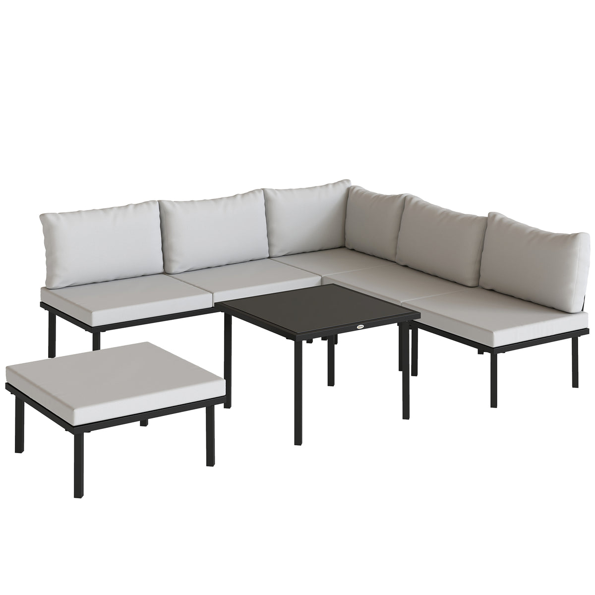 Salon de jardin extérieur d'angle modulable 6 personnes, table basse avec plateau en verre trempé, gris clair-0