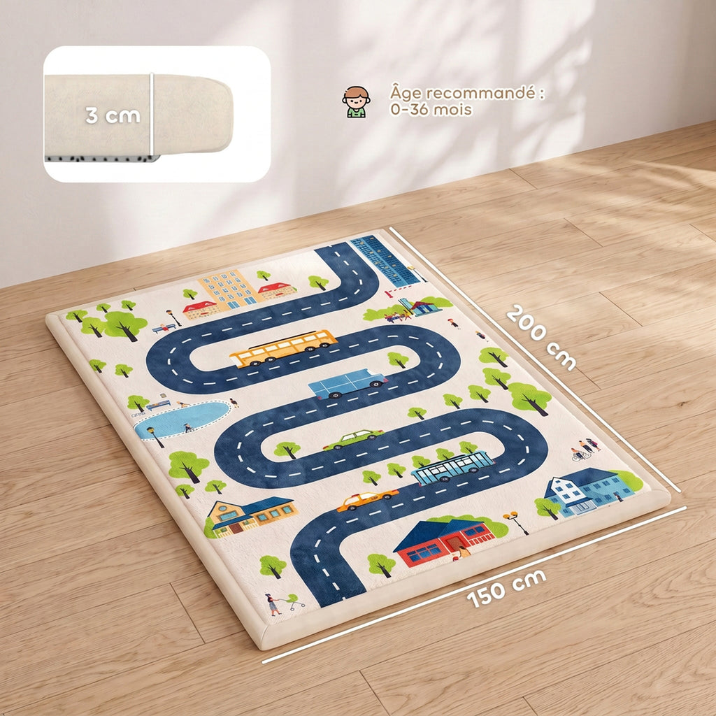 Tapis de Jeu pour Enfants Tapis de Chambre d'Enfant en Mousse Épaisseur 3 cm Motif Route Base Antidérapante 150x200cm-2