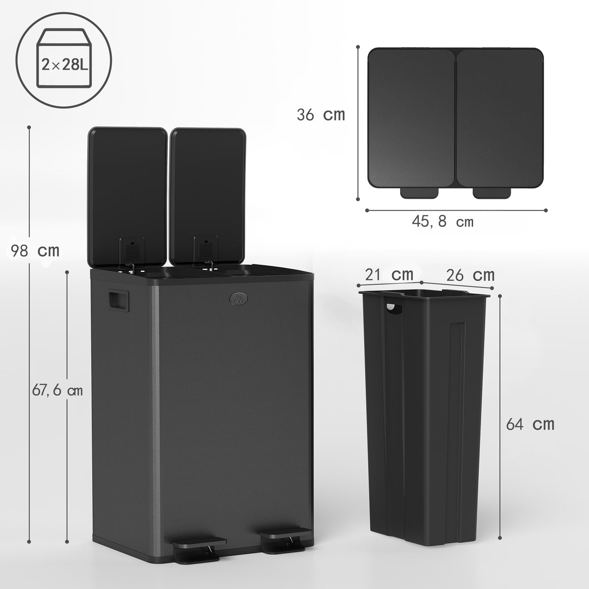 Poubelle de cuisine 2 compartiments de 2 x 28L, acier inoxydable, couvercle à fermeture douce, 45,8x36x67,6cm, noir-2