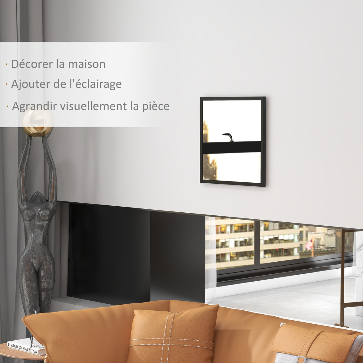 Miroir mural carré 50 x 50 cm, cadre en bois noir, idéal pour la salle de bain, salon ou chambre-3