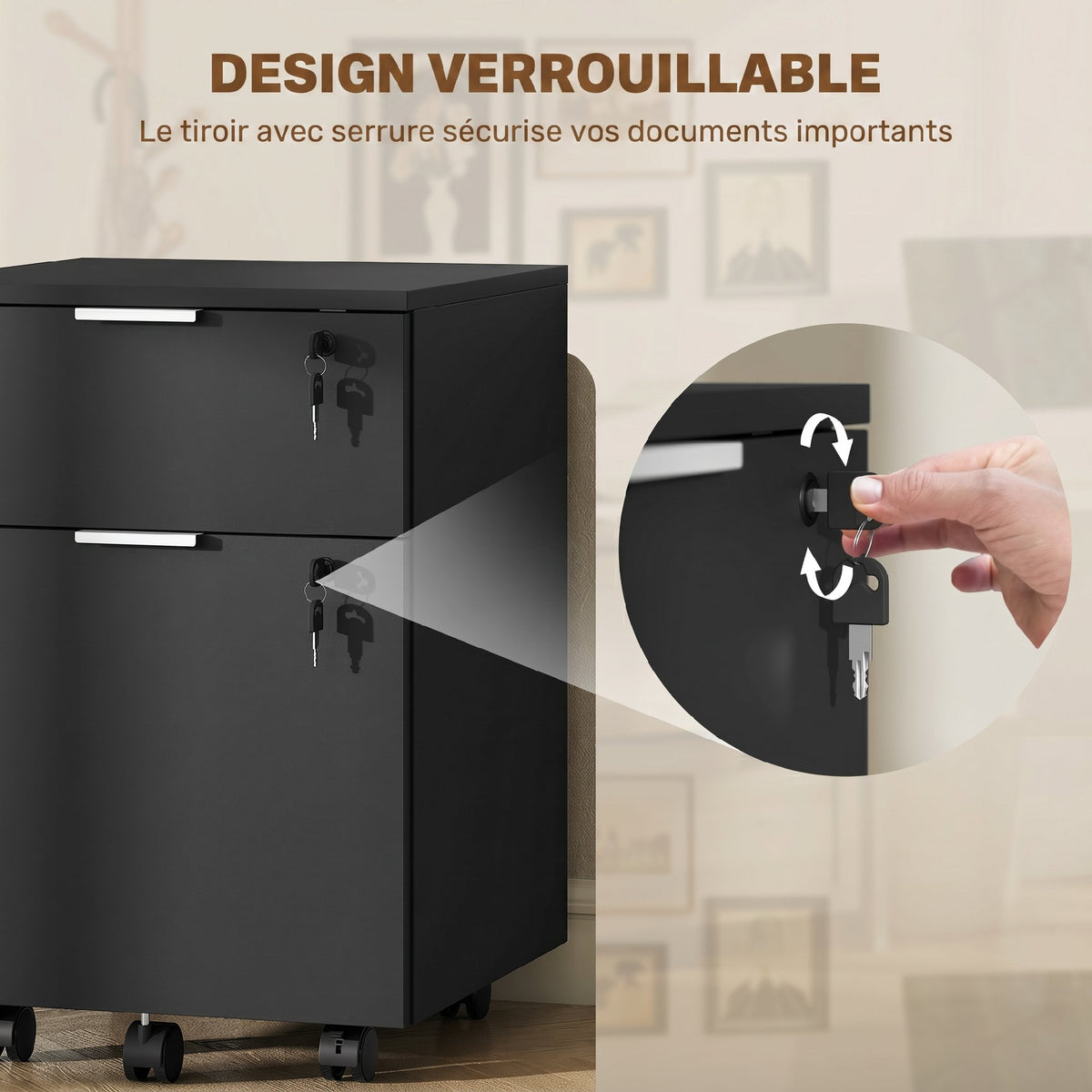 Caisson de bureau, meuble de rangement 2 tiroirs 2 barres pour dossier suspendu, verrouillable avec 2 clés 42x40x60 cm-5