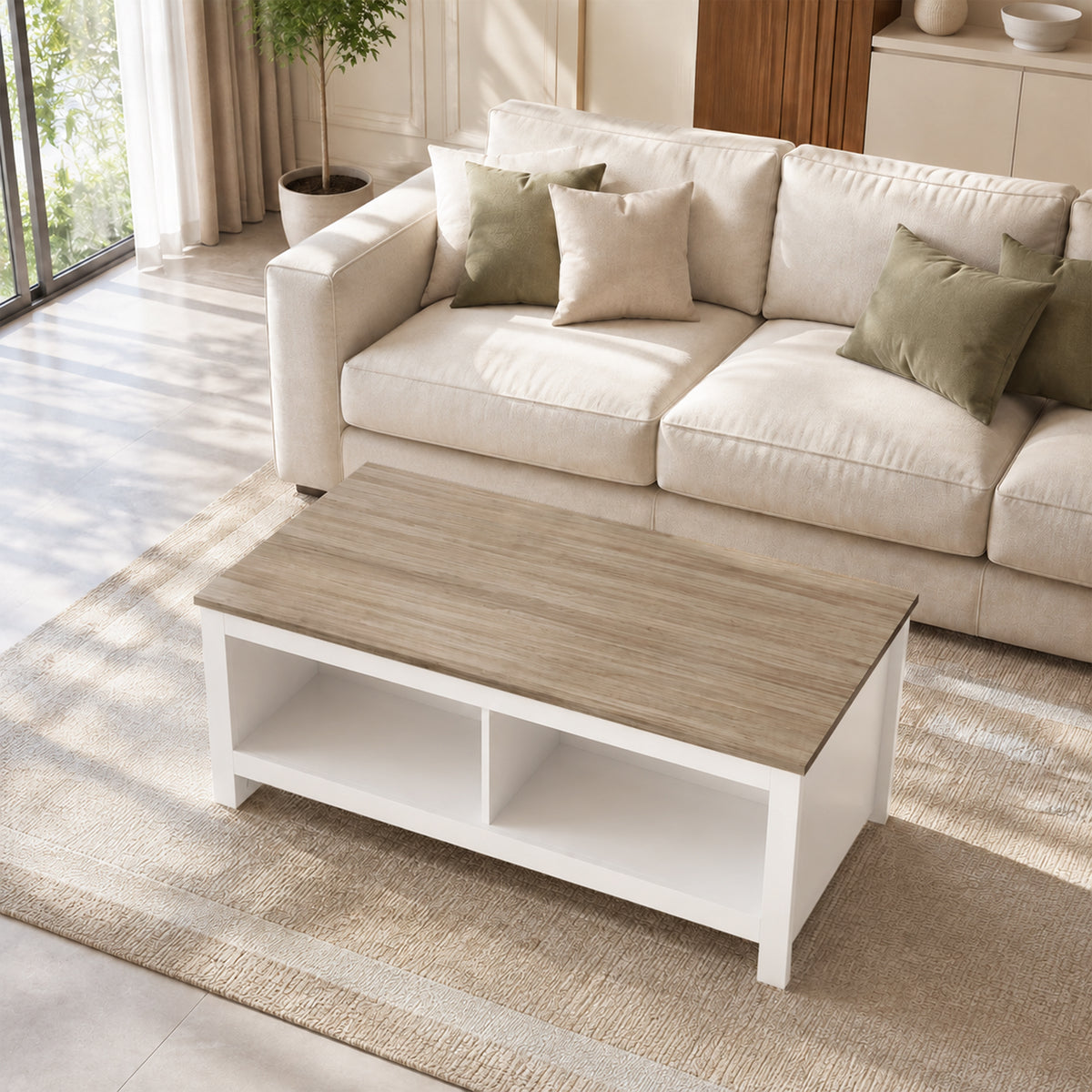 Table Basse Rectangulaire, Table de Salon Moderne avec 4 Compartiments Ouverts, 110 x 55 x 45,5 cm, Chêne et Blanc-1
