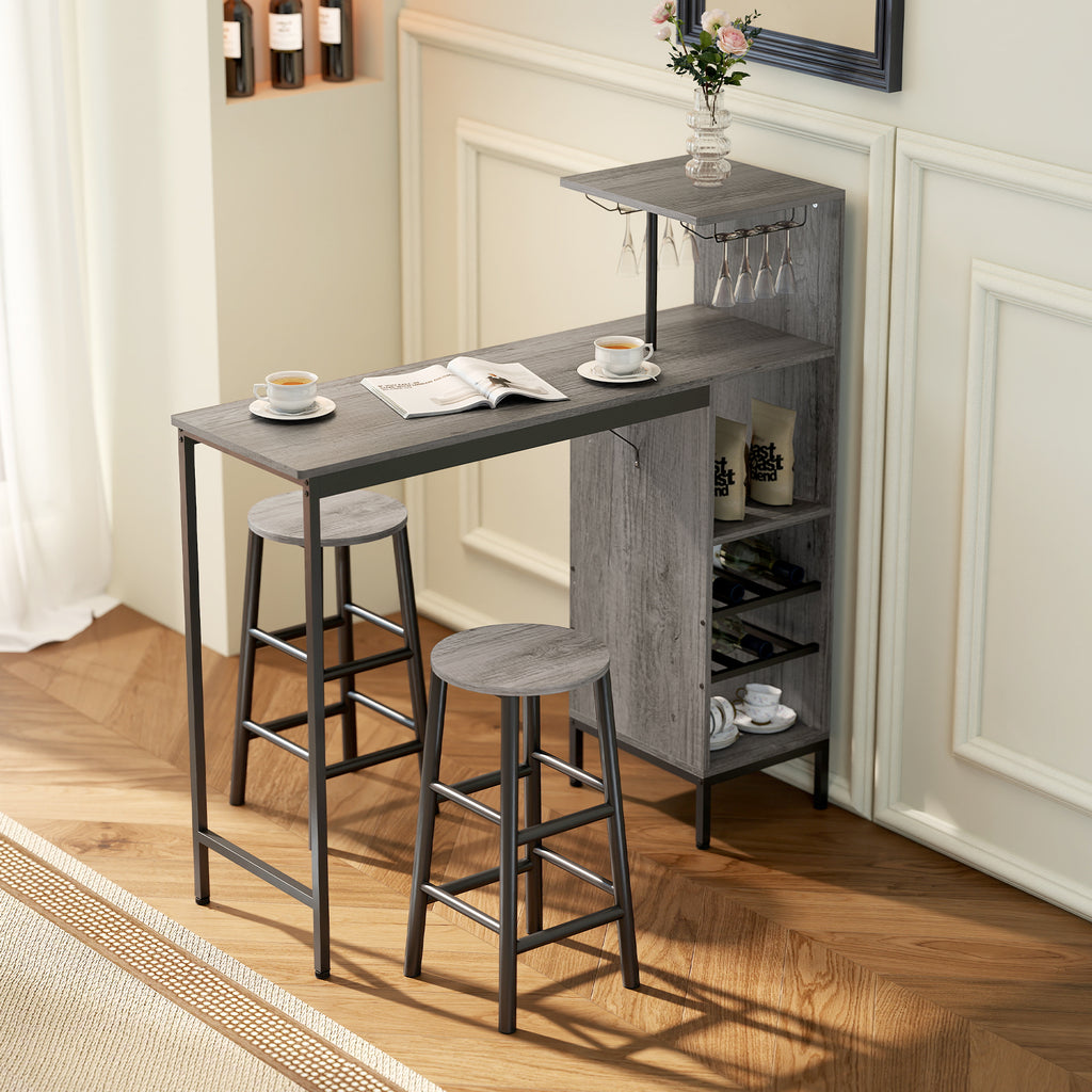 Ensemble table de bar avec tabourets, table à manger debout avec 2 chaises de bar étagères, casiers à vin, bois naturel-1