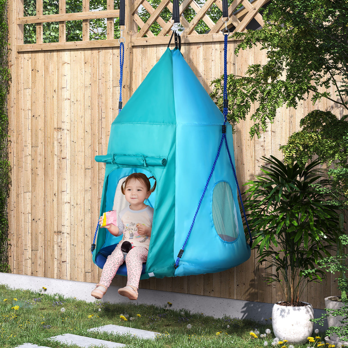 Balançoire nid d'oiseau avec tente amovible Ø 100 cm charge max. 150 Kg corde réglable en hauteur 120 à 180 cm bleu-1