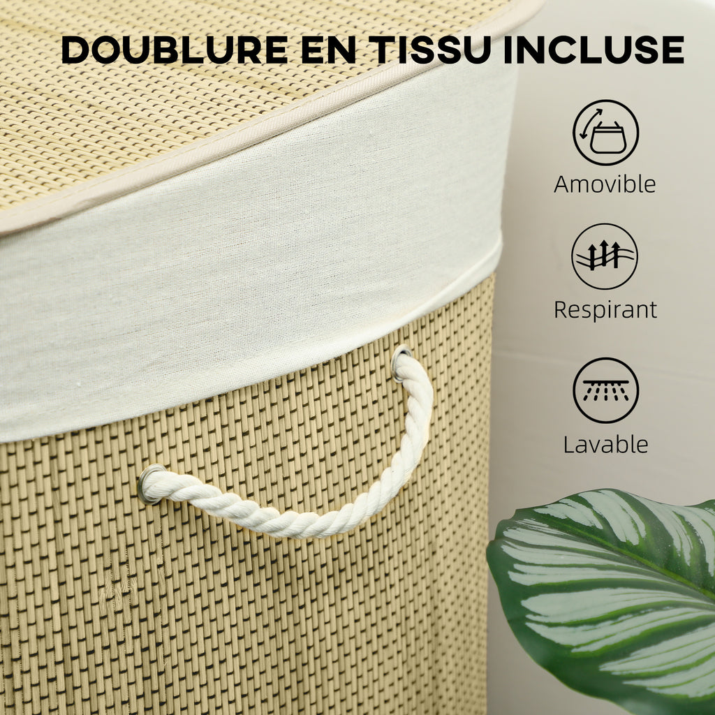 Panier à linge à trois compartiments avec couvercle, panier à linge en bambou 144 L avec poignées en corde-6