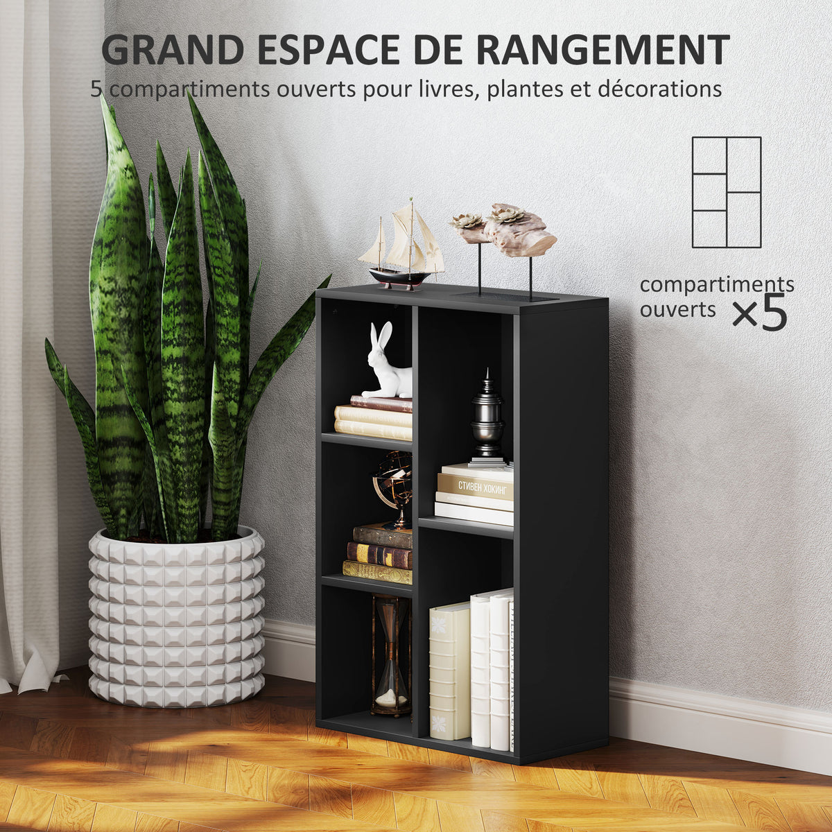 Bibliothèque étagère de rangement avec 5 compartiments, pour salon chambre à coucher bureau, 50x24x80cm, noir-3