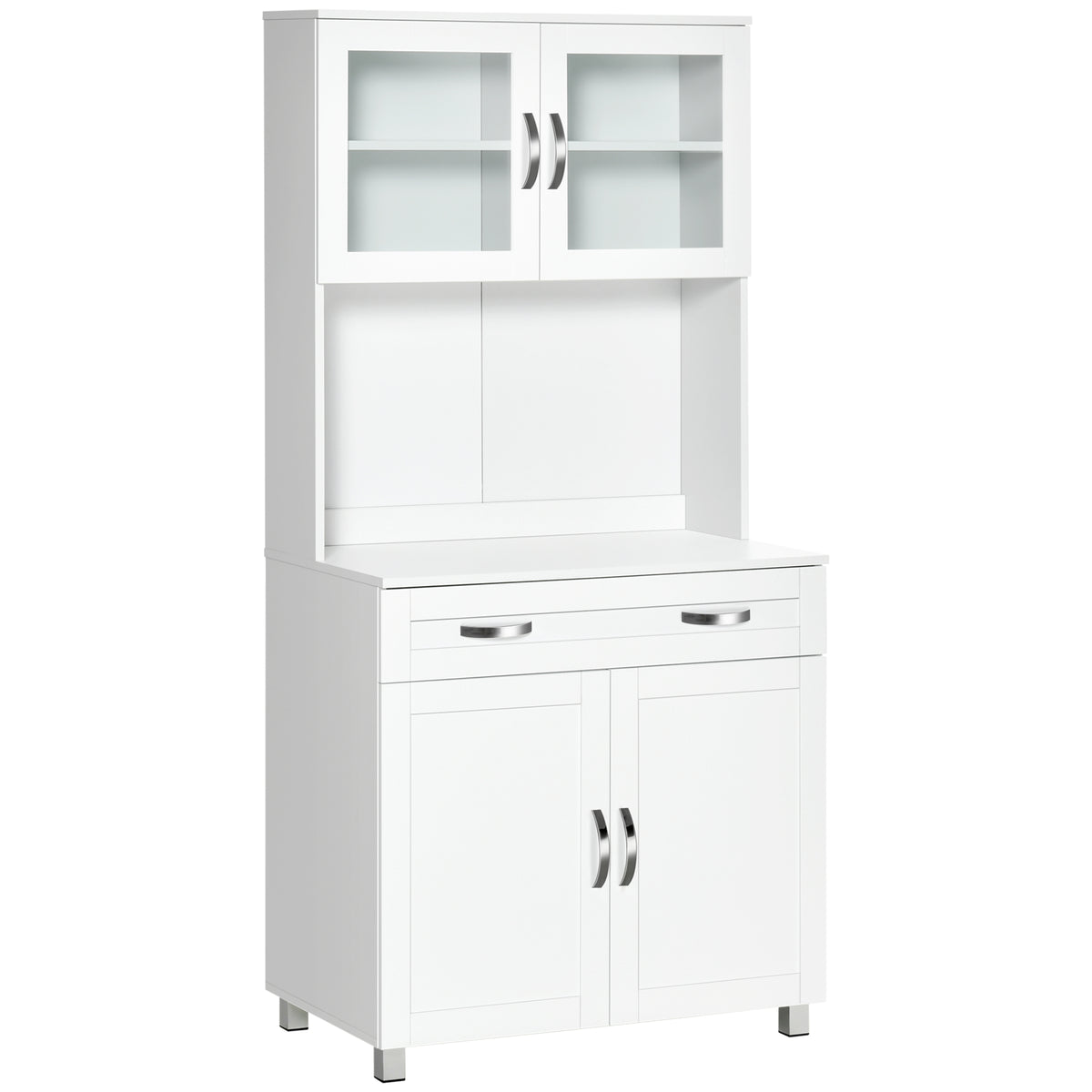 Buffet haut cuisine, armoire de cuisine, vaisselier, 4 portes dont 2 en verre, tiroir, plan de travail, étagères réglables, meuble de rangement pour salon salle à manger, 80x48x170cm, blanc-0