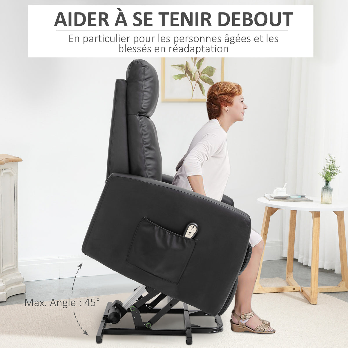 Fauteuil releveur électrique inclinable avec repose-pied ajustable et télécommande revêtement synthétique noir-4