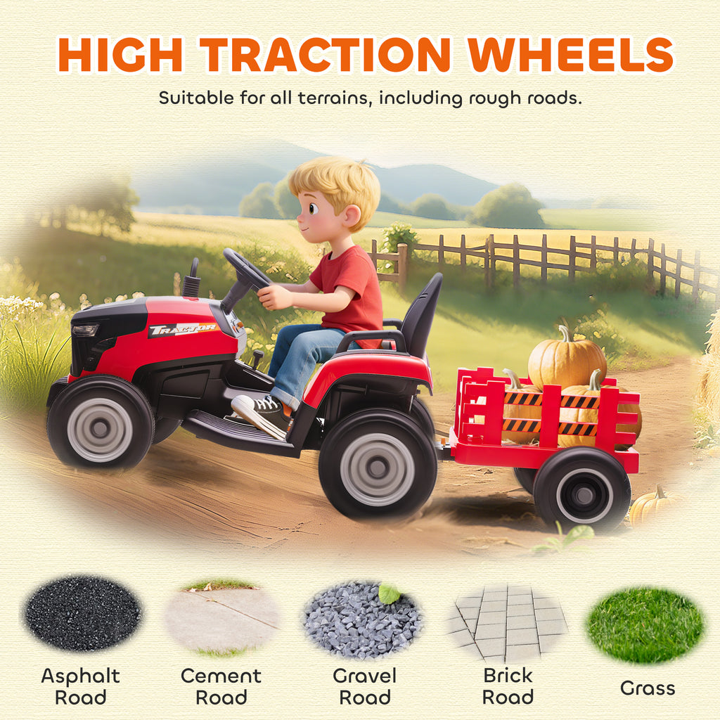 Tracteur électrique enfants avec remorque amovible, voiture électrique enfants, télécommande 2,4G, 139x58x55cm, rouge-8