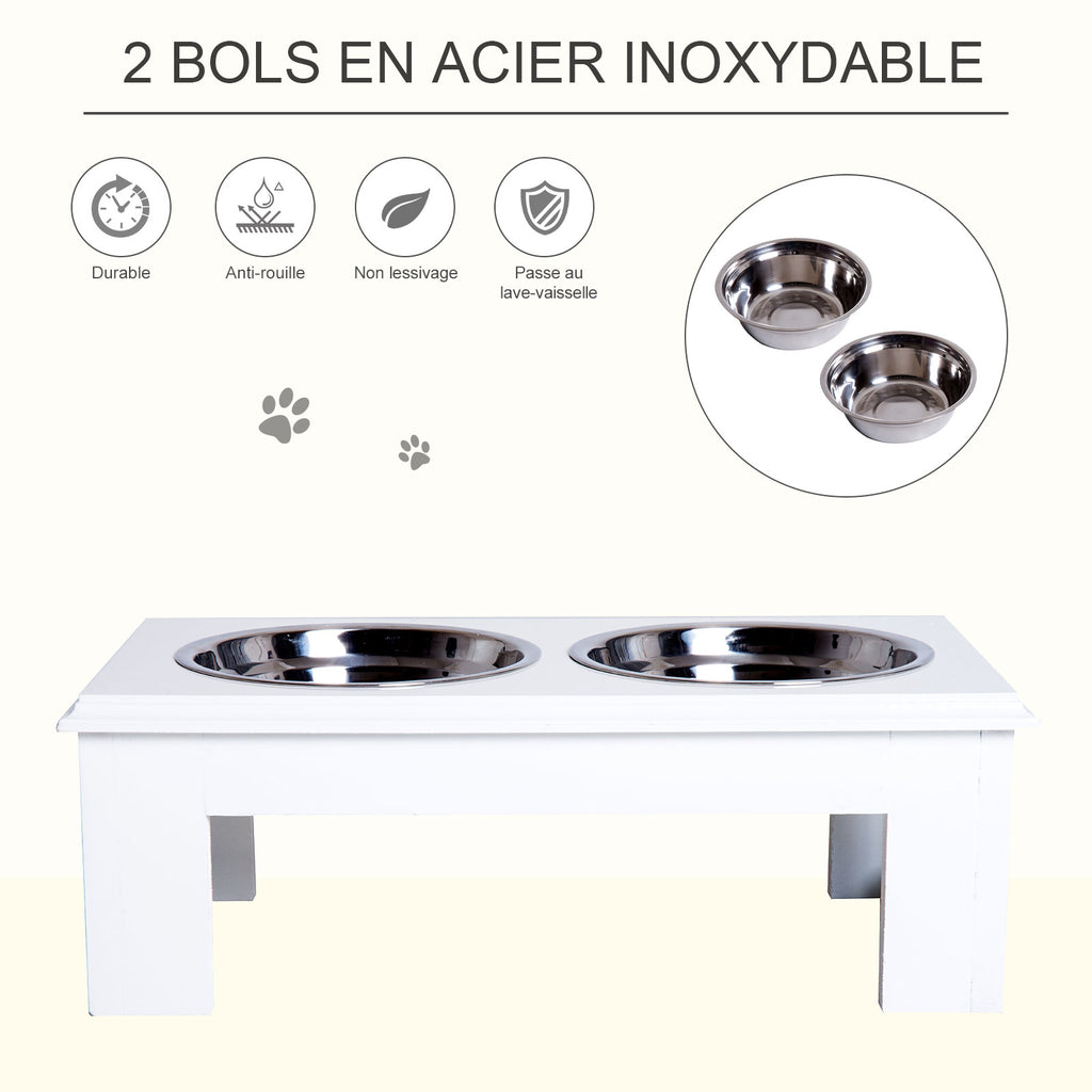 Gamelles chiens surélevées gamelle double chien chat Porte-gamelles surélevé dim. 44L x 24l x 15H cm 2 gamelles 0,9L acier inox. incluses bois blanc-4