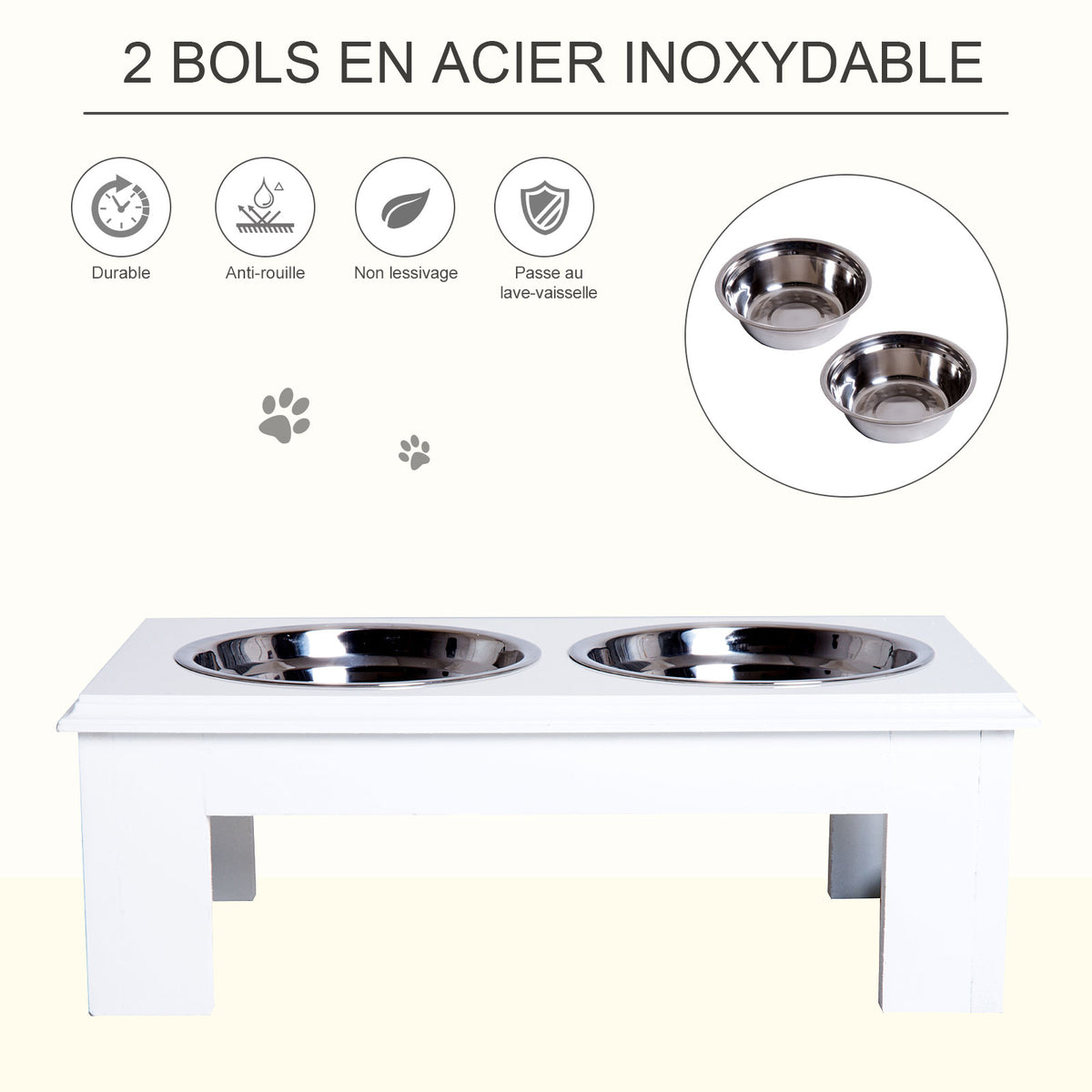 Gamelles chiens surélevées gamelle double chien chat Porte-gamelles surélevé dim. 44L x 24l x 15H cm 2 gamelles 0,9L acier inox. incluses bois blanc-4