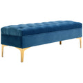 Banc banquette capitonnée bout de lit style classique chic 118L x 45l x 42H cm piètement métal doré velours bleu-0