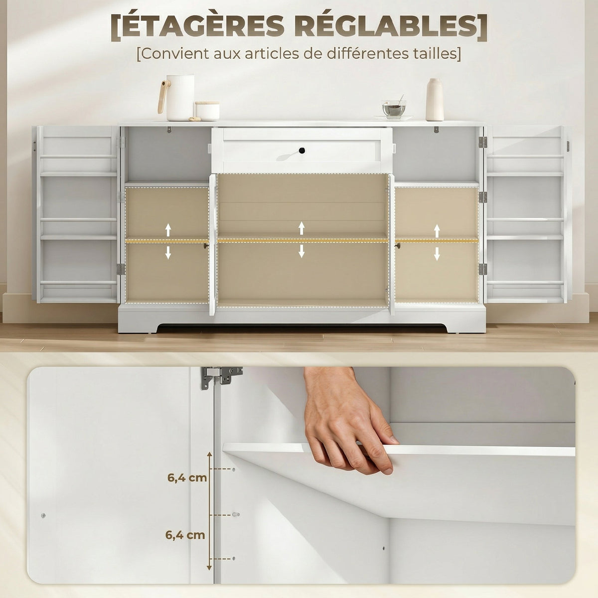 Buffet cuisine, meuble de rangement avec tiroir, 4 portes à fermeture douce, racks-porte et étagères réglables, blanc-5