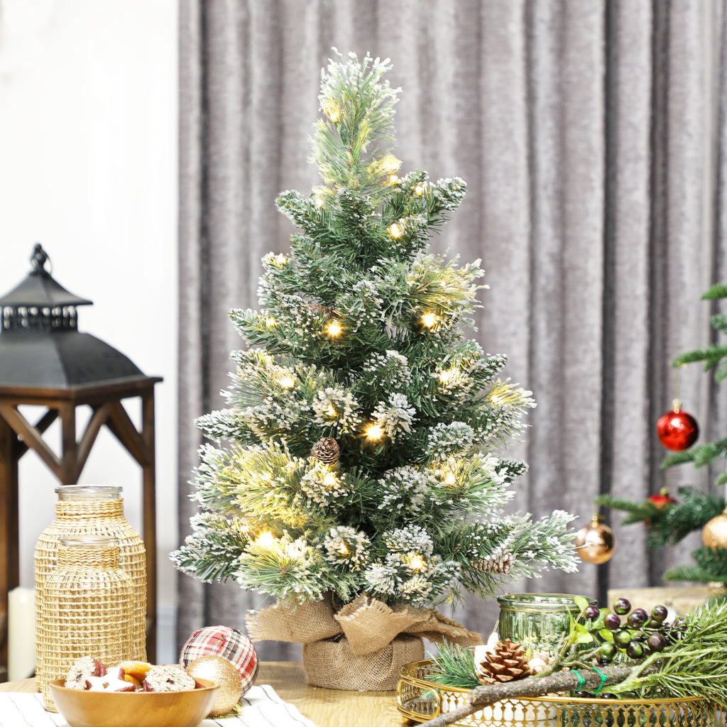 Sapin de Noël artificiel 60 cm, mini arbre de Noël de table floqué avec 35 LED, pommes de pin, fonctionne à piles, vert-9