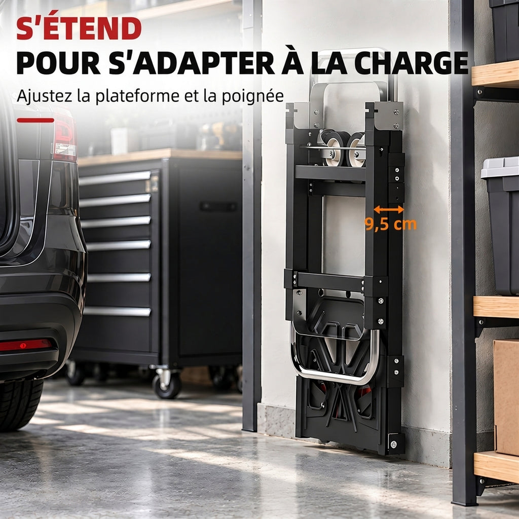Diable Pliable 2 en 1 Extensible 220KG Pliage Plat Chariot Plateforme Acier Poignée Réglable Roues 360° 112x41x92cm Noir-6