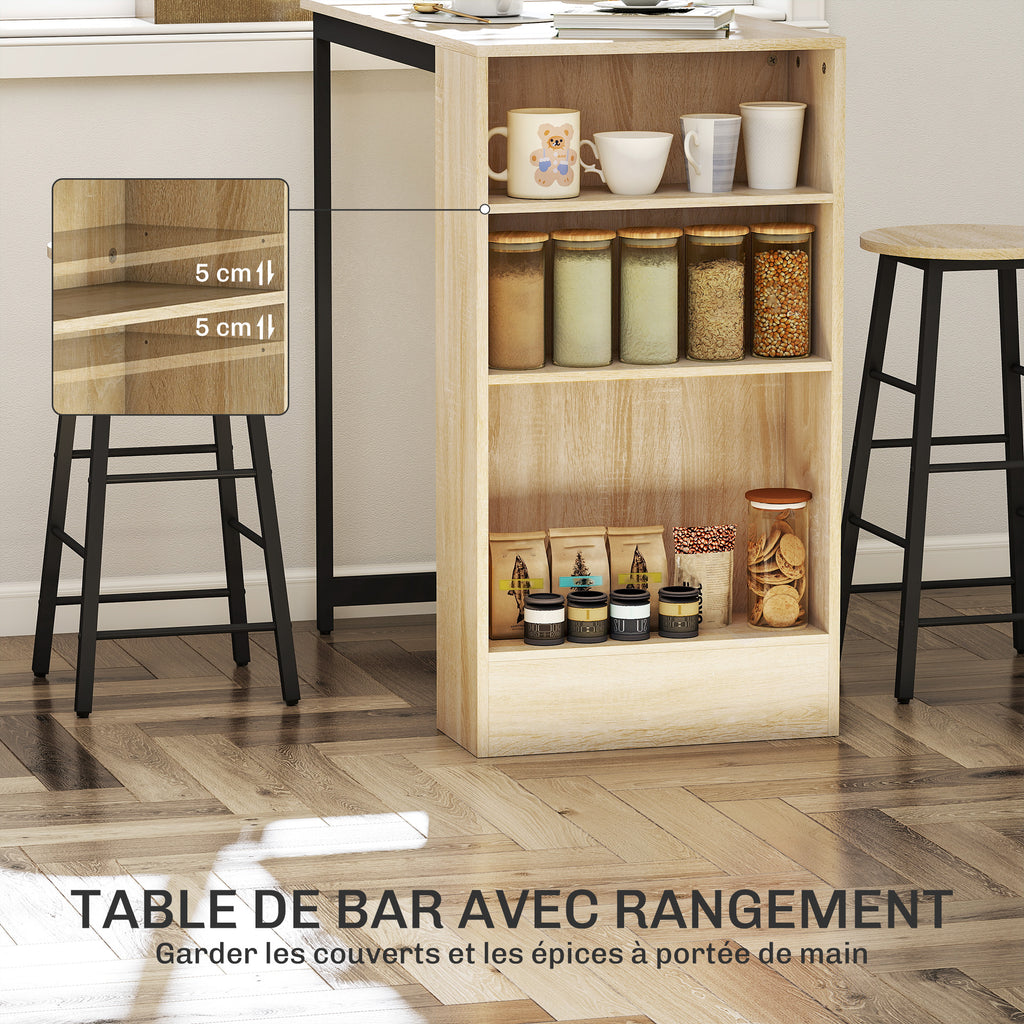 Ensemble table de bar avec tabourets, compartiments ouverts, étagère réglable et repose-pieds, chêne et noir-3
