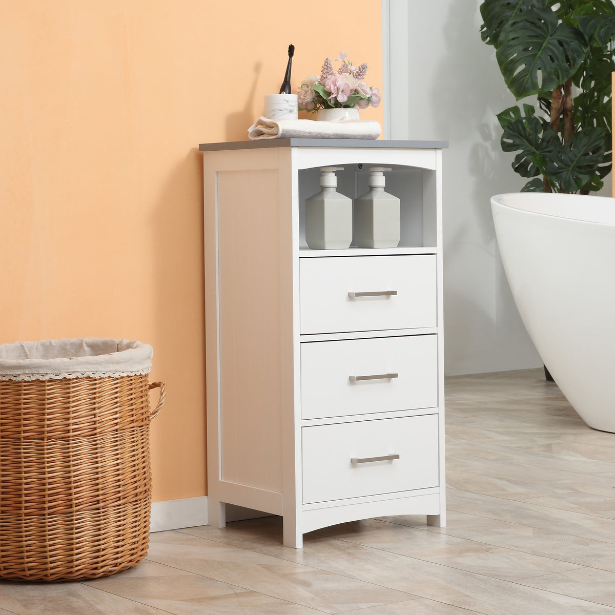 Meuble de salle de bain sur pied meuble de rangement avec 3 tiroirs et 1 niche 40 x 33 x 80 cm blanc-1