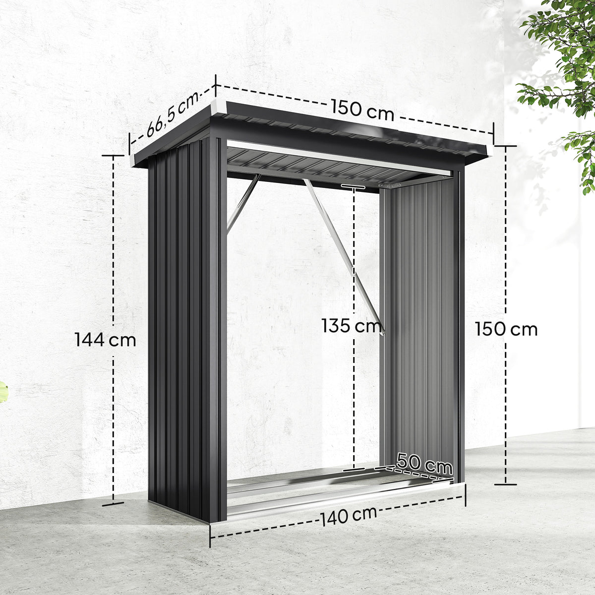 Abri-bûches couvert support pour bois de chauffage plancher surélevé toit incliné, acier galvanisé 150x66,5x150cm gris-2