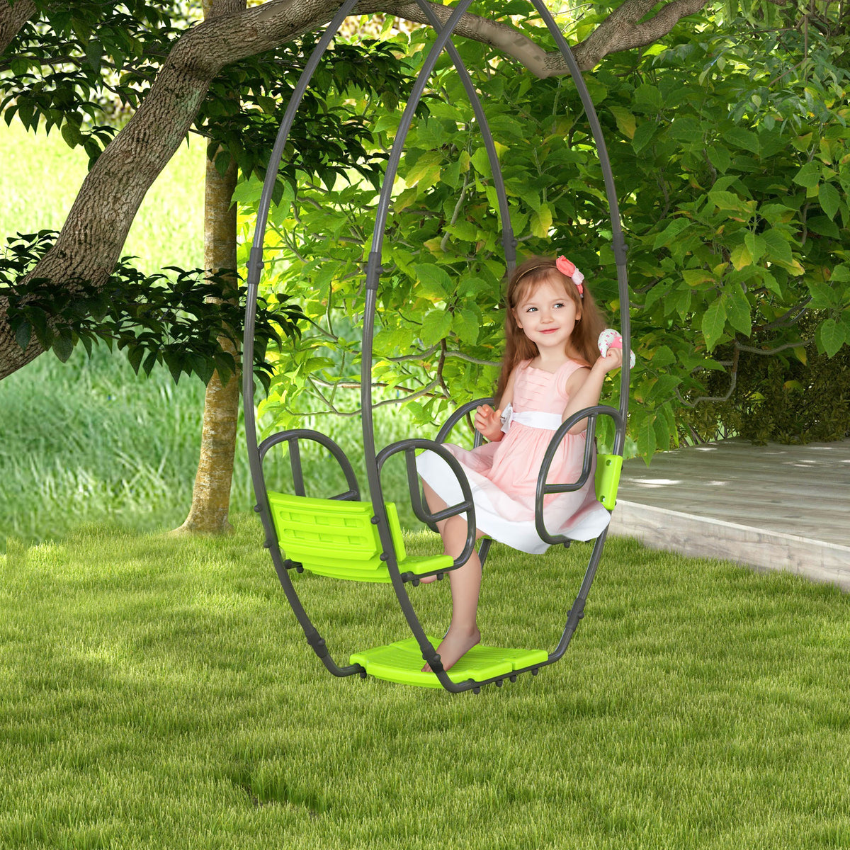 Balançoire pour enfants structure en métal avec poignée pour 2 enfants de 3 à 6 ans 110,5 x 40,5 x 180 cm vert-1