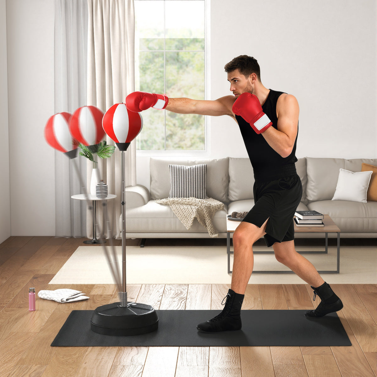 Sac de Frappe sur Pied Punching ball sur pied réglable en hauteur 126-144 cm avec gants, pompe et base de lestage-1