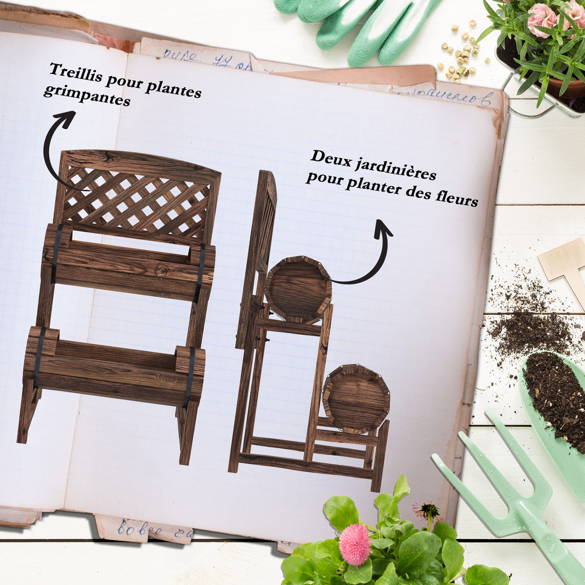 Jardinière sur pieds surélevée avec treillis carré potager 2 niveaux pour terrasse, balcon jardin 42 x 49 x 80 cm marron-3