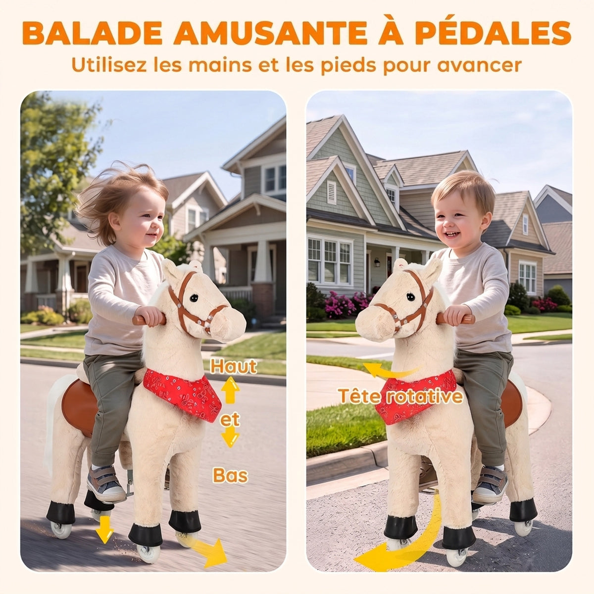 Cheval à bascule en peluche avec tête rotative, roues roulantes et sons de hennissement, dès 2 ans, marron clair-4