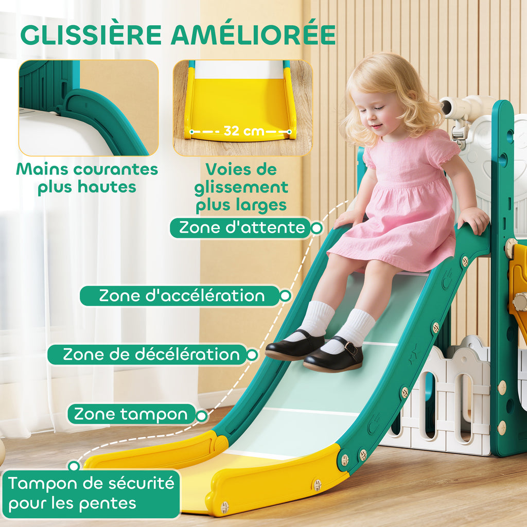 Toboggan pour tout-petits 5 en 1 toboggan autoportant pour enfant avec panier de basket, télescope, 178x70x86cm, jaune-4