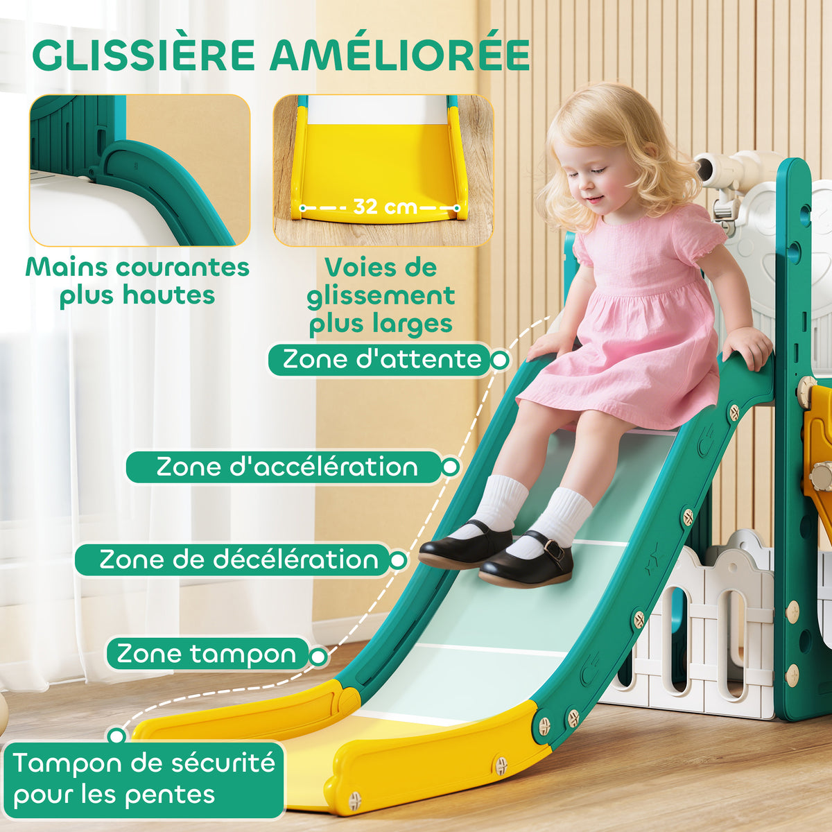 Toboggan pour tout-petits 5 en 1 toboggan autoportant pour enfant avec panier de basket, télescope, 178x70x86cm, jaune-4