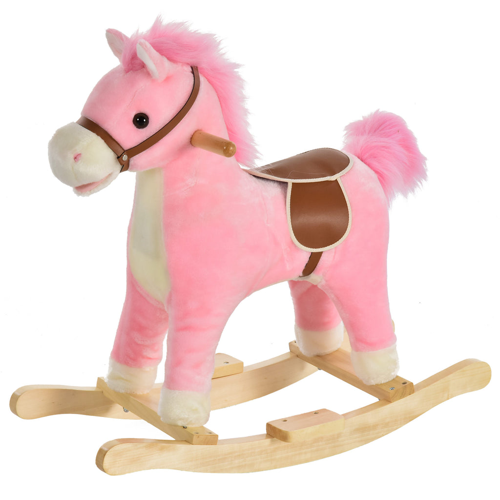 Cheval à Bascule Selle Grand Confort Peluche Courte Douce Bois peuplier Rose dim. 65L x 32,5l x 61H cm-0