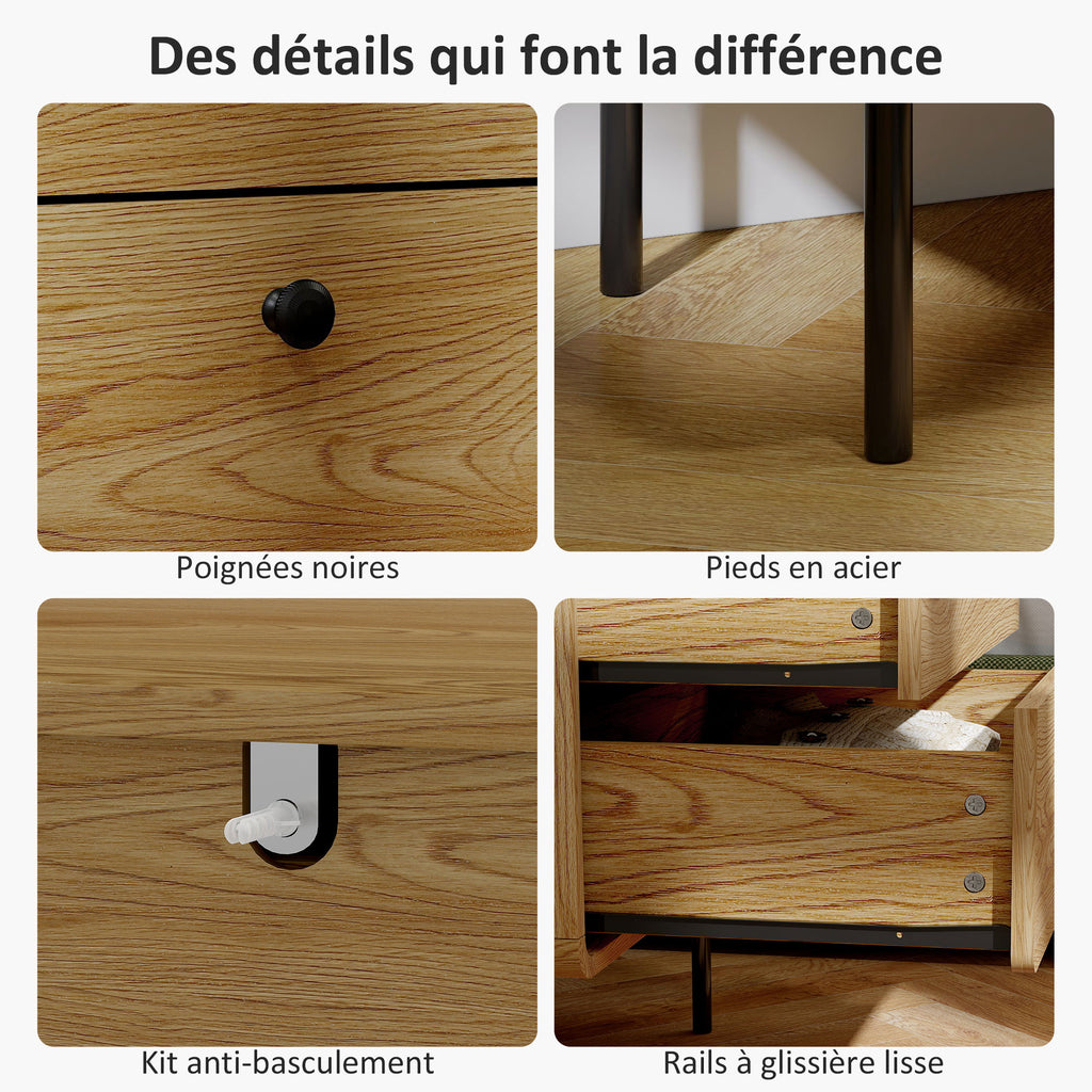 Commode 4 tiroirs, meuble de rangement étroit avec pieds en acier, coins arrondis, 60 x 39 x 91,5 cm, chêne-5