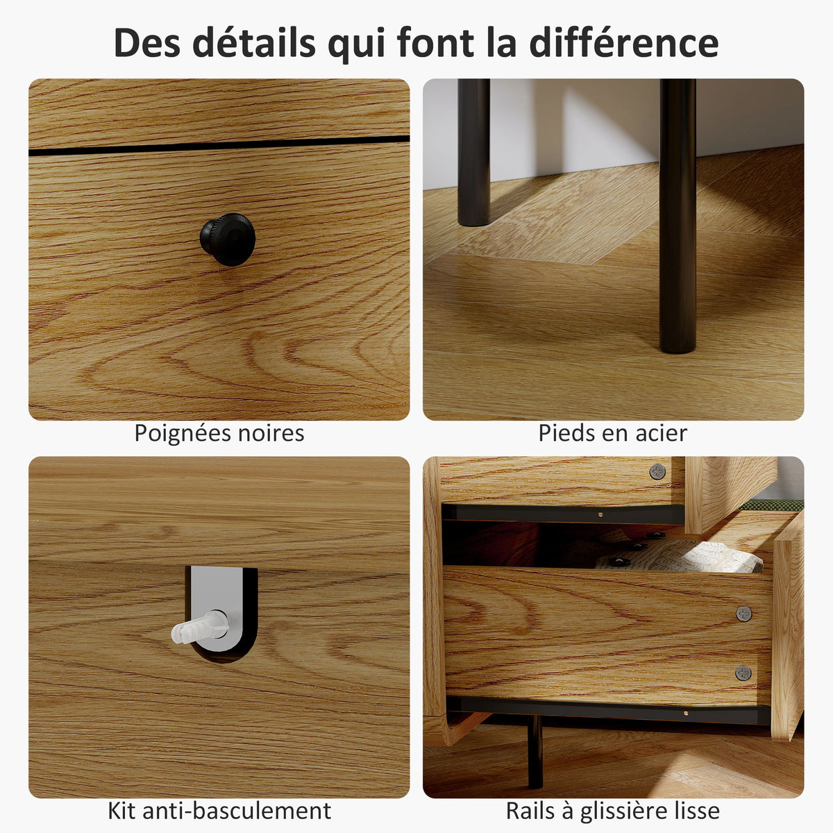 Commode 4 tiroirs, meuble de rangement étroit avec pieds en acier, coins arrondis, 60 x 39 x 91,5 cm, chêne-5