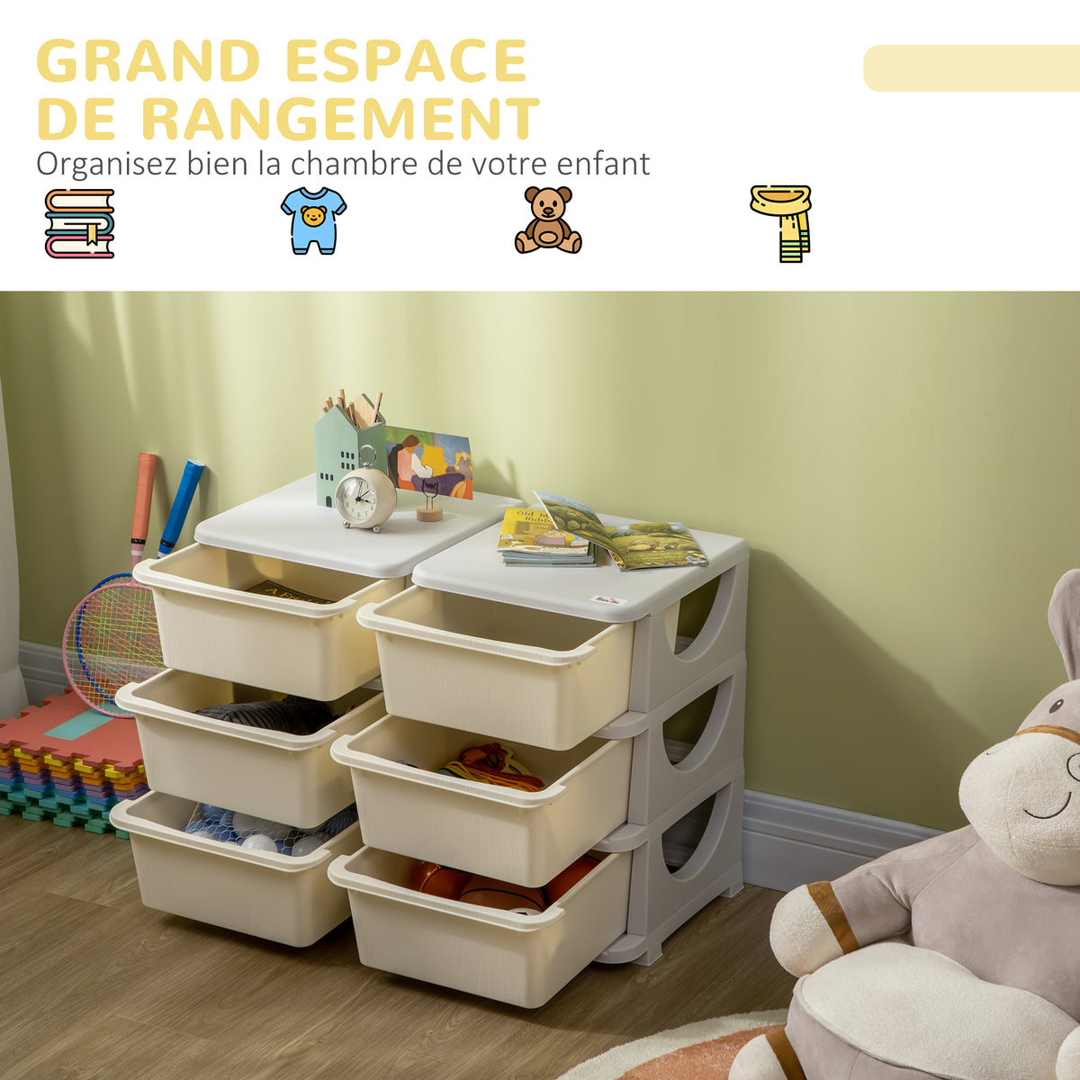 Organisateur de jouets pour enfants à 3 niveaux avec 6 tiroirs, boîtes de rangement en plastique, 75x37x56,5cm, crème-3