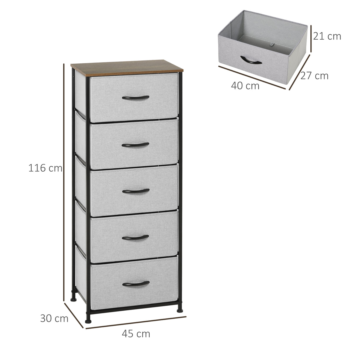 Commode 5 tiroirs meuble de rangement tiroir en tissu pliant - structure acier noir - 45 x 30 x 116 cm gris-2