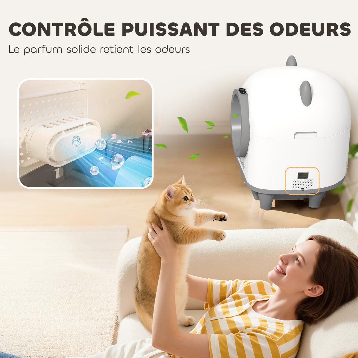 Bac à litière pour chat autonettoyant 80L, bac à litière automatique contrôle app, anti-pinch, 55,5 x 51 x 60 cm, blanc-6