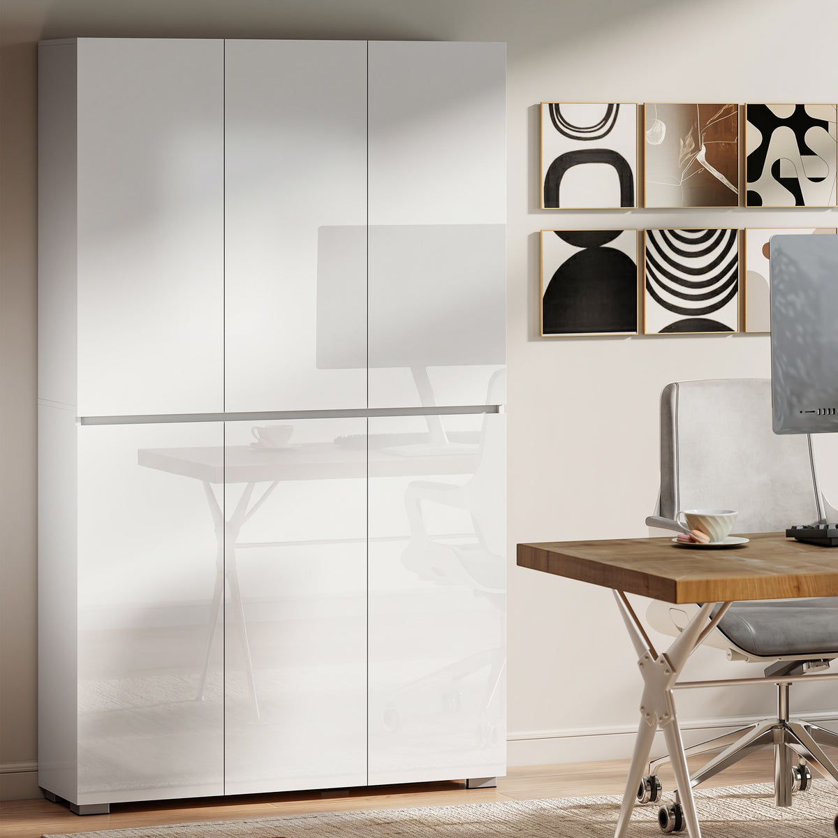 Buffet haut cuisine armoire de cuisine à haute brillance 6 portes à fermeture douce étagères réglables blanc-8