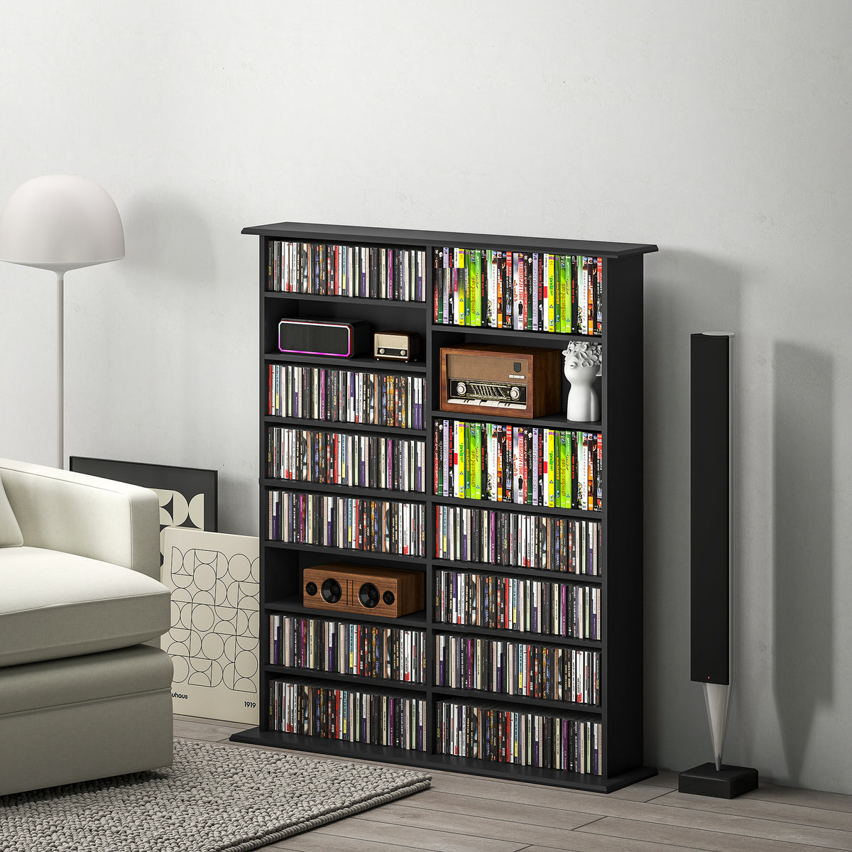 Rangements pour CD et DVD avec 16 compartiments et 12 étagères réglables capacité max. 720 CD/396 DVD et Blu-ray noir-1