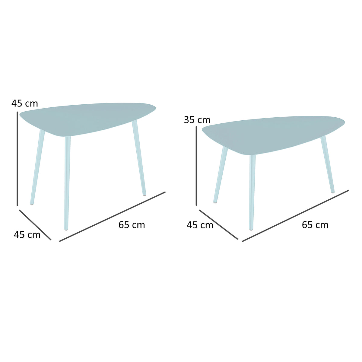 Lot de 2 tables basses de jardin, tables d'appoint gigognes triangulaires, cadre en acier patins ajustables bleu clair-2