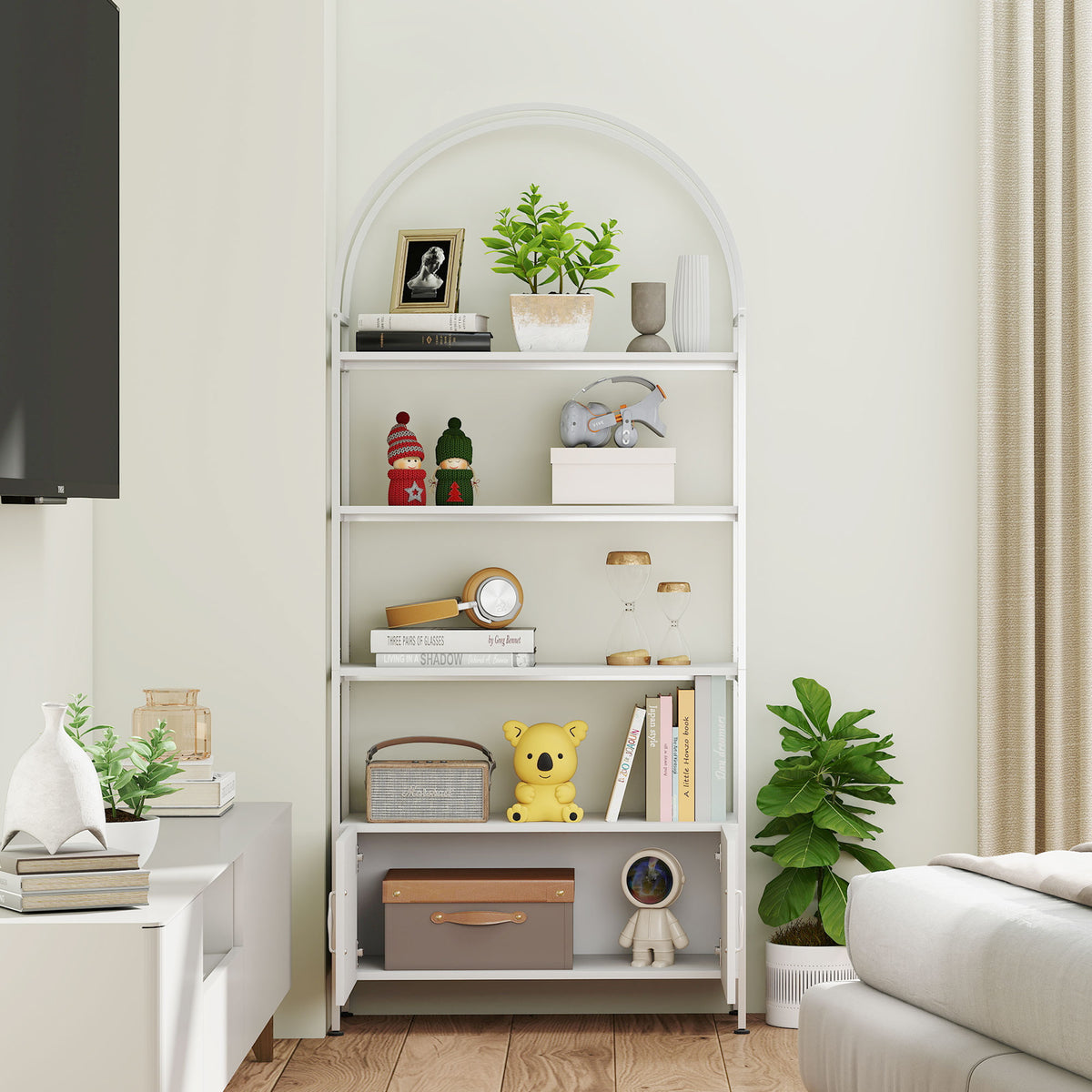 Étagère de rangement, bibliothèque arquée à 4 niveaux avec placard double porte, 80 x 30 x 187 cm, blanc-9