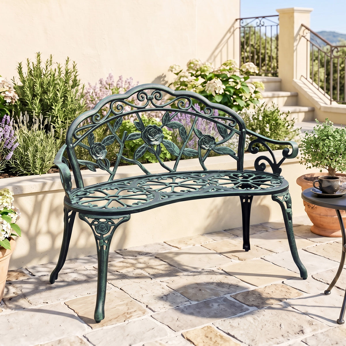 Banc de Jardin 2 Places Style néo-rétro Motif Rose Lignes fuselées 100L x 54l x 78H cm Fonte d'aluminium Vert-9