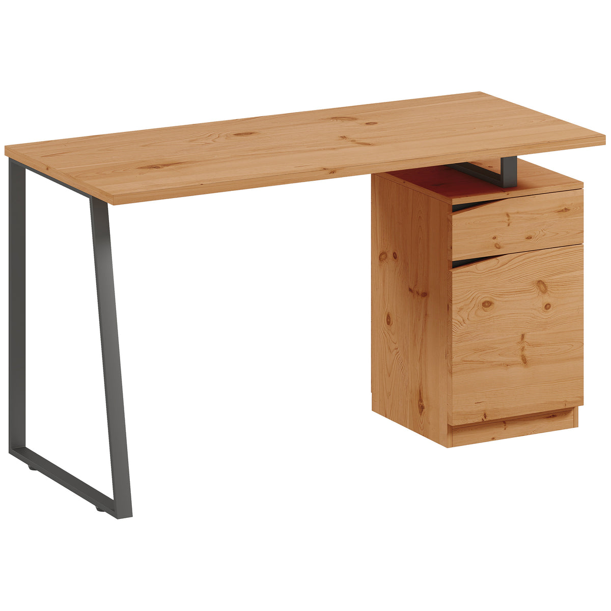 Bureau d'Ordinateur avec Placard et Tiroir 135 x 60 cm, Étagère Réglable, Pieds en Métal, Style Industriel, Bois Naturel-0