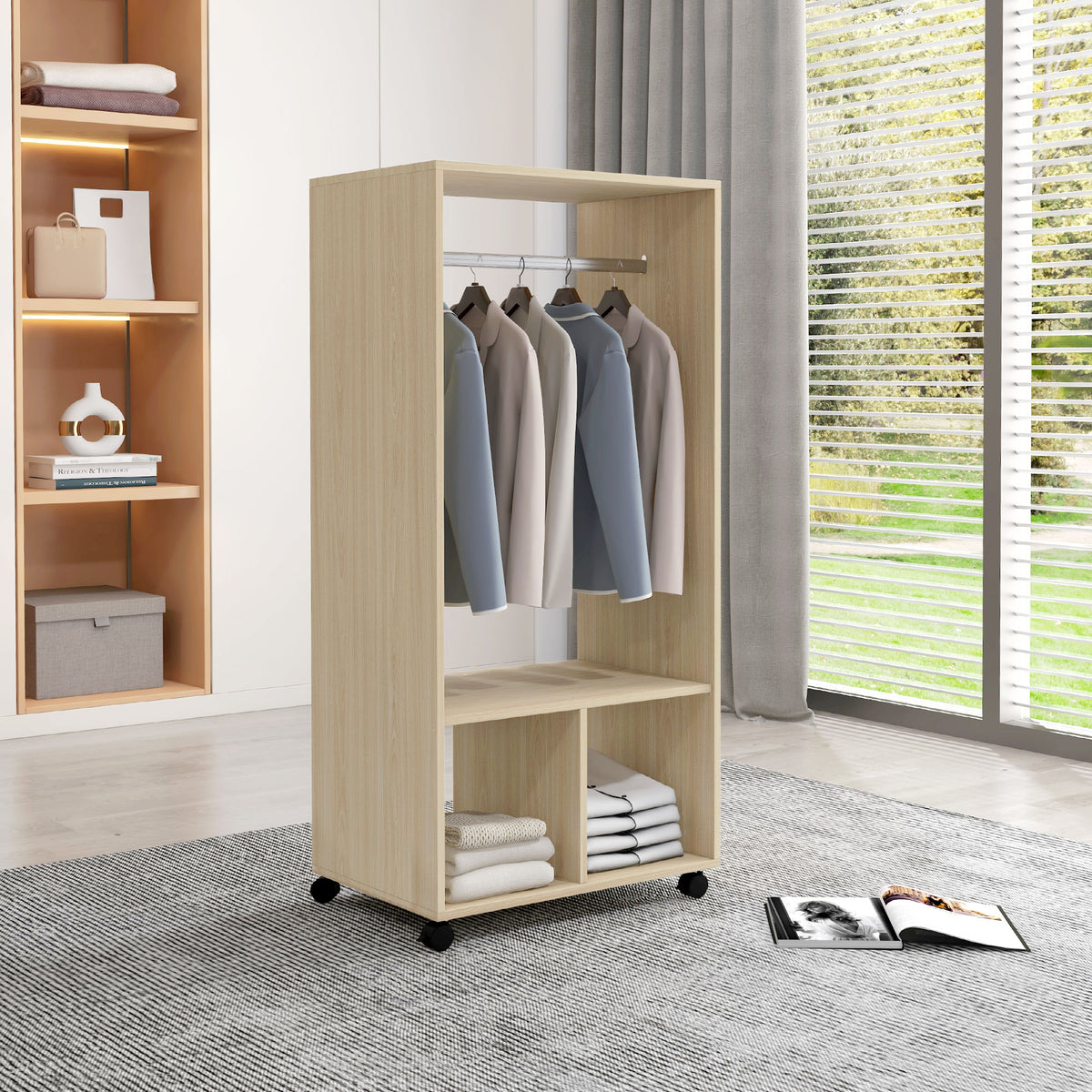 Armoire penderie étagère 2 niches penderie 4 roulettes pivotantes dim. 60L x 40l x 128H cm bois naturel-1