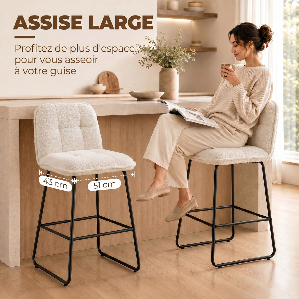 Lot de 2 Tabourets de Bar, Chaises de Bar Rembourrées en Tissu Bouclette, Extra-Large Assise 66H cm, Crème-4