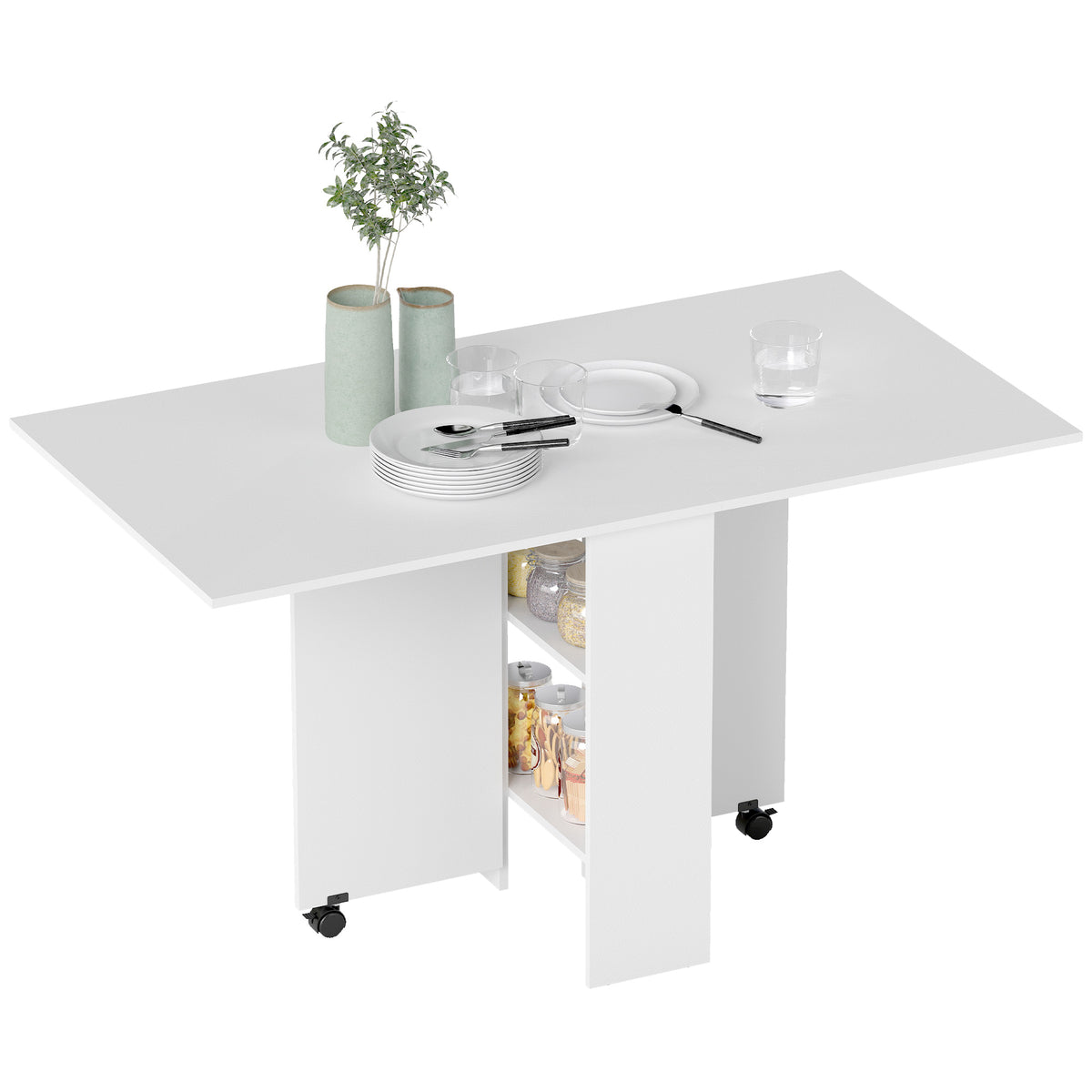 Table pliante de cuisine salle à manger amovible sur roulettes 75L x 140l x 74H cm blanc-0