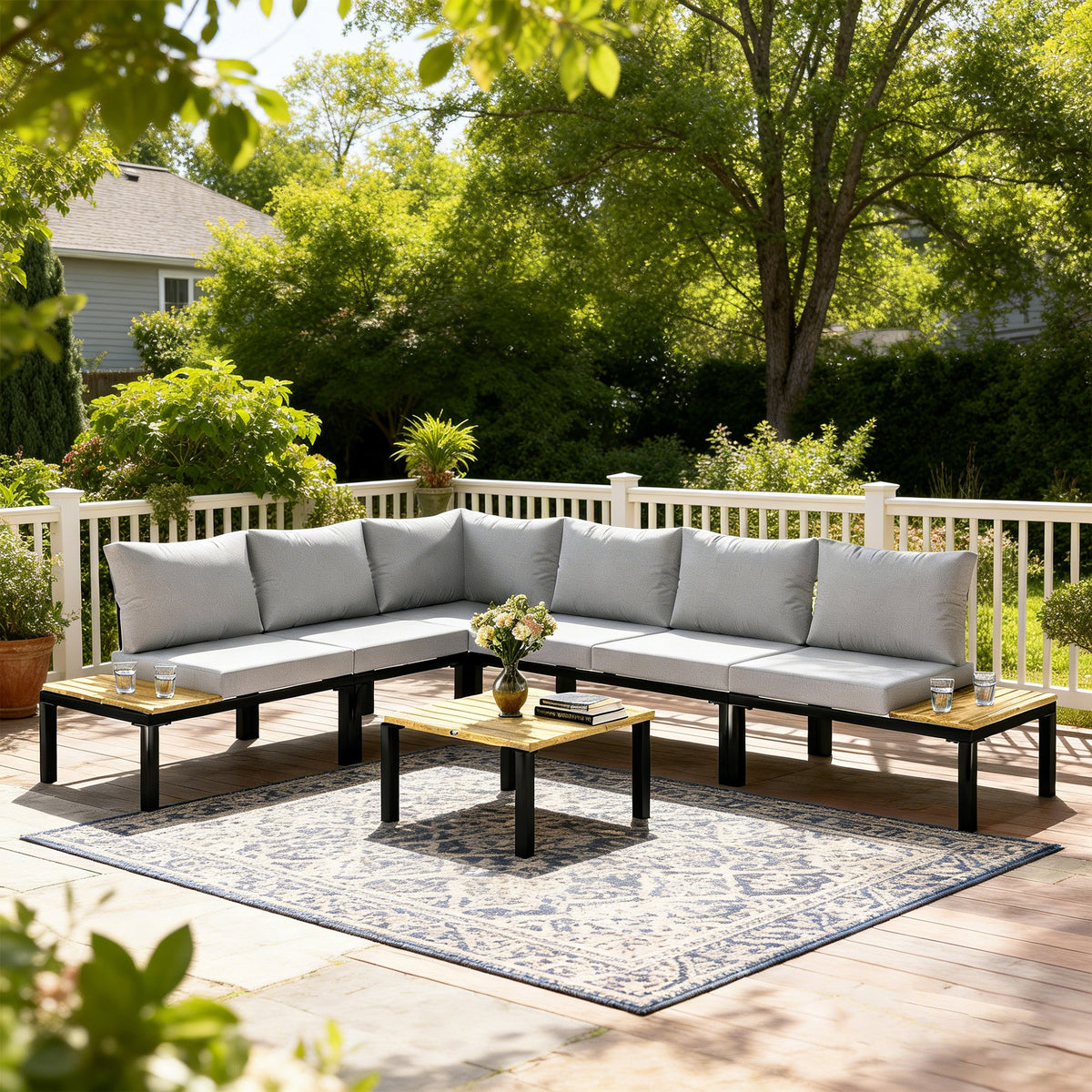 Salon de Jardin Modulaire 6 Pièces Ensemble Canapé Extérieur Transformable en Lit Table Basse et Plateaux Latéraux Gris-1