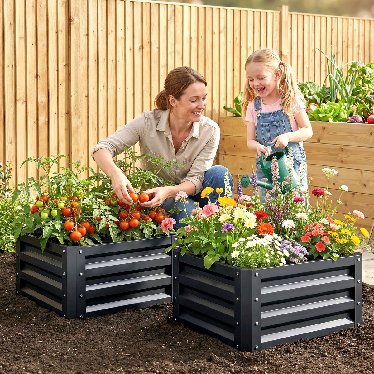Lot de 2 jardinières surélevées, carre potager de jardin pour légumes, fleurs, acier galvanisé 60 x 60 x 30,5 cm, gris-1