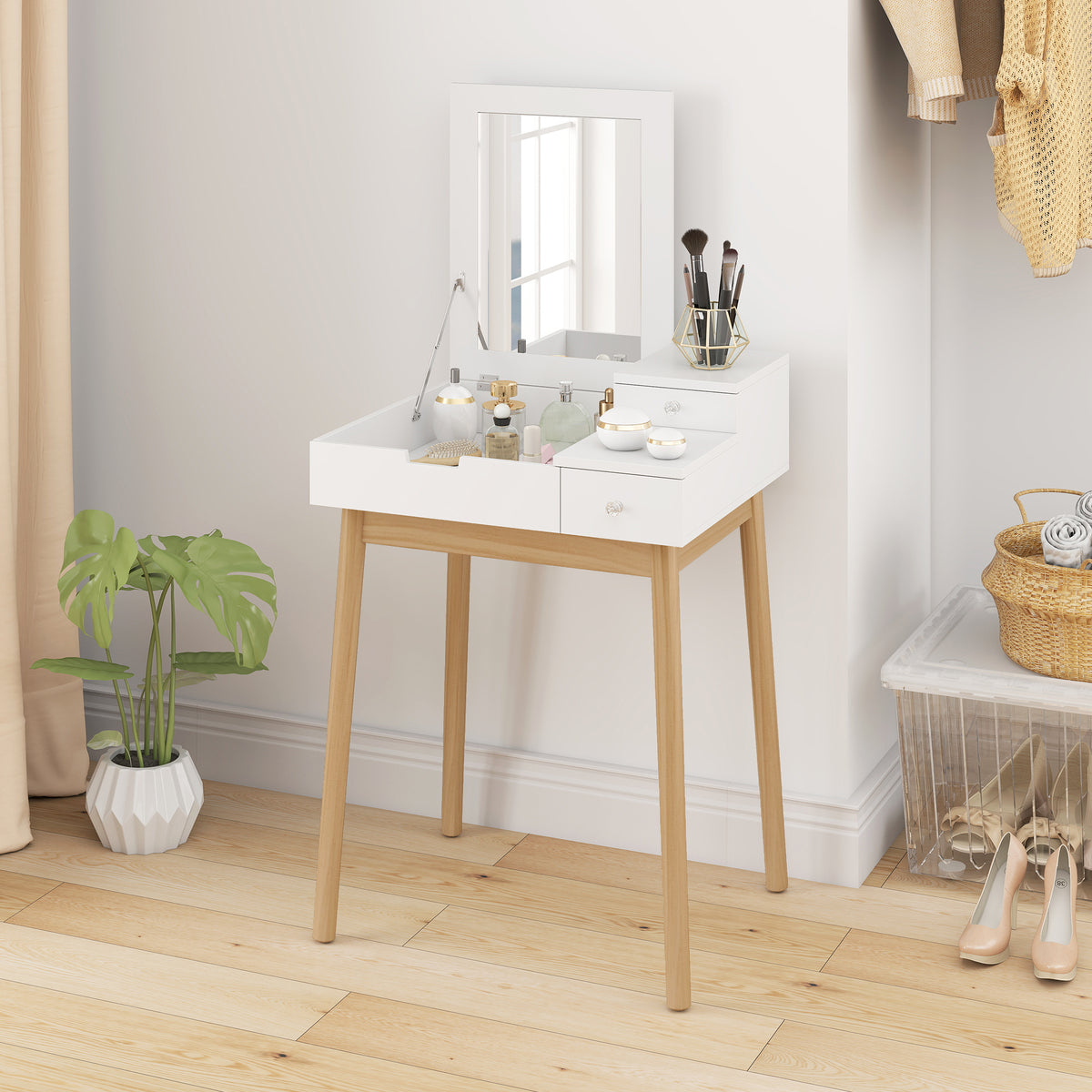 Coiffeuse avec miroir table de maquillage style moderne - 2 tiroirs, miroir rabattable pour chambre à coucher, salon, 60 x 50 x 85,5 cm blanc-8