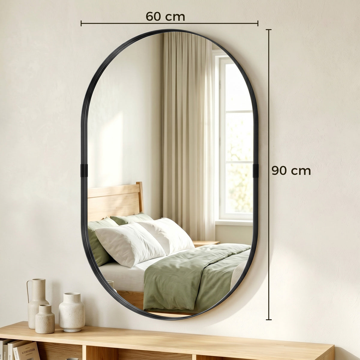 Miroir mural, miroir décoratif 60 x 90 cm en verre trempé et cadre en aluminium, pour chambre, salon, couloir, noir-2