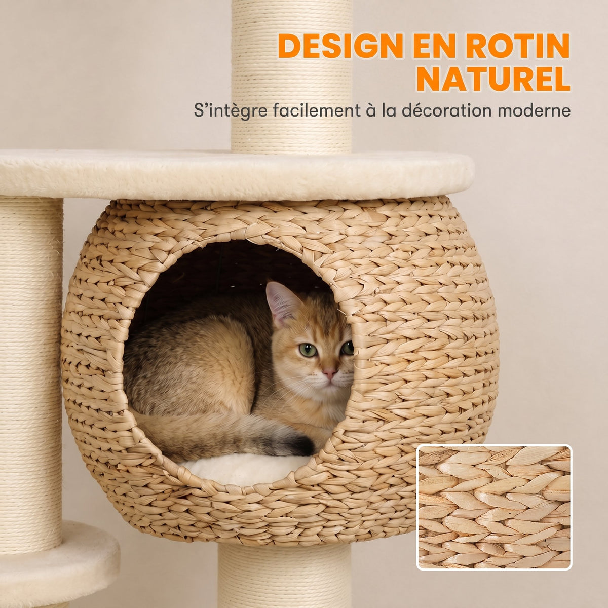 Arbre à Chat Tour pour Chat en Rotin Design 4 Niveaux avec Niche Quenouille Panier Jute et Coussin 132cm Beige-4