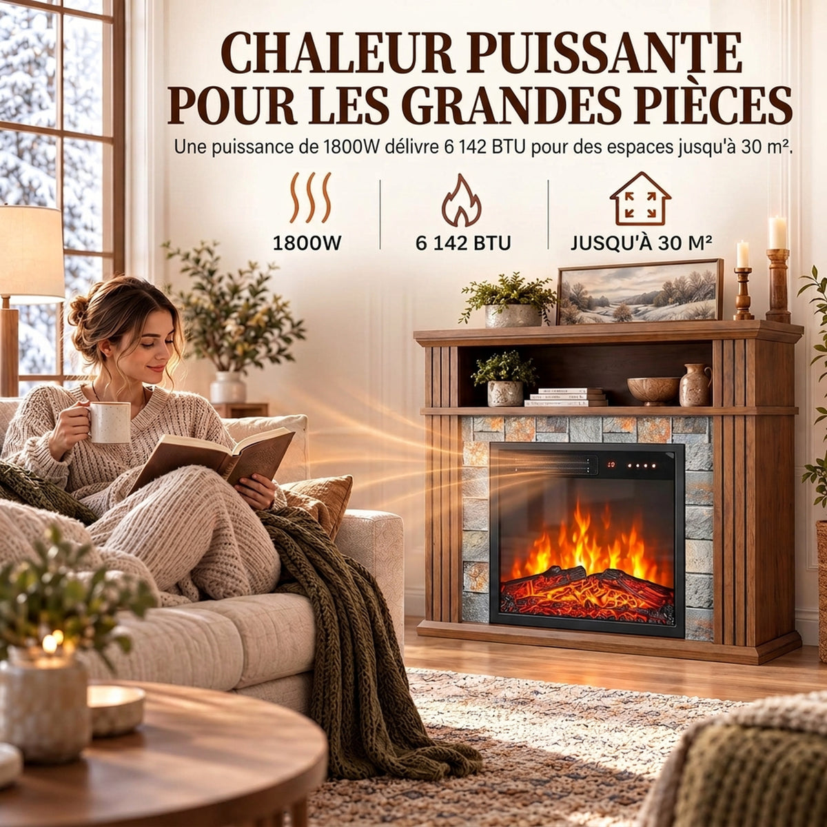 Cheminée Électrique 1800 W, Effet Flamme LED Réaliste, Compartiment Ouvert, 5 Niveaux de Luminosité, Manteau, Marron-5