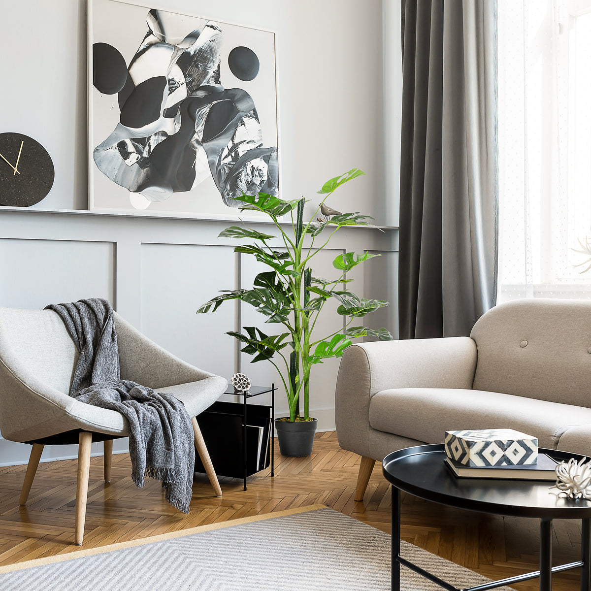 Plante artificielle modèle Monstera avec 21 feuilles en pot ciment, intérieur ou extérieur, dim. Ø16 x 100H cm-1
